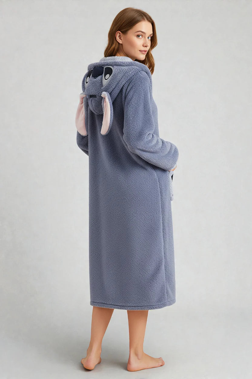 Robe de chambre Stitch boutonnée femme en bleu ardoise avec capuche