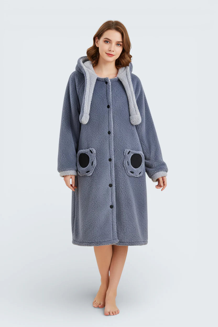 Robe de chambre stitch boutonnée femme grise en plush douillette à capuche