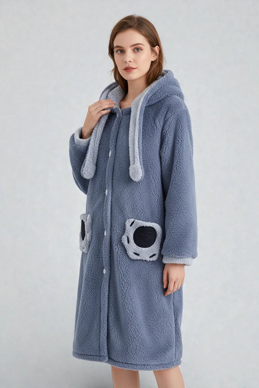 Robe de chambre stitch boutonnée femme bleu clair plush à capuche et poches rondes