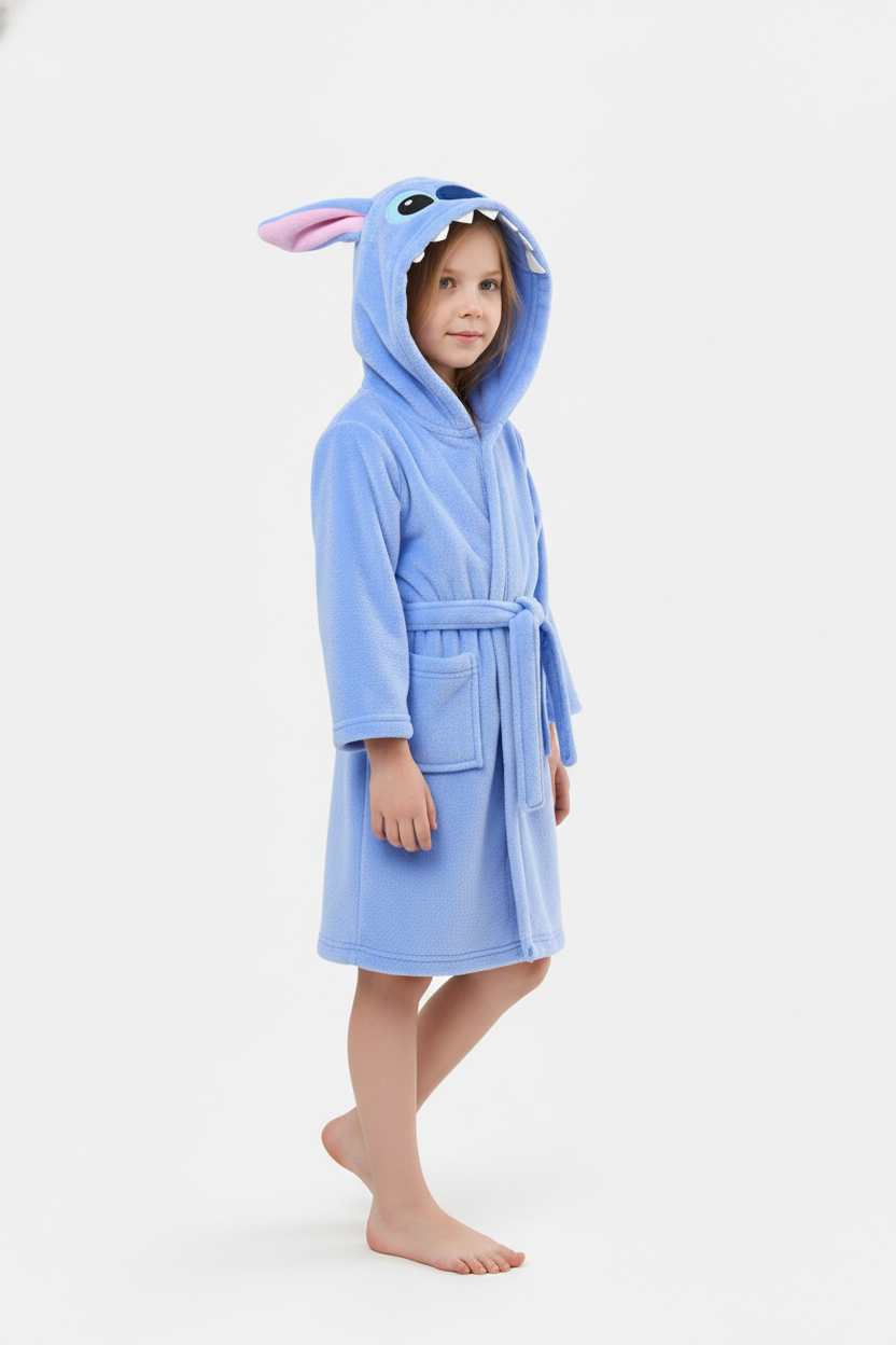 Robe de chambre Stitch enfant bleu clair en peluche à capuche et oreilles lapin roses
