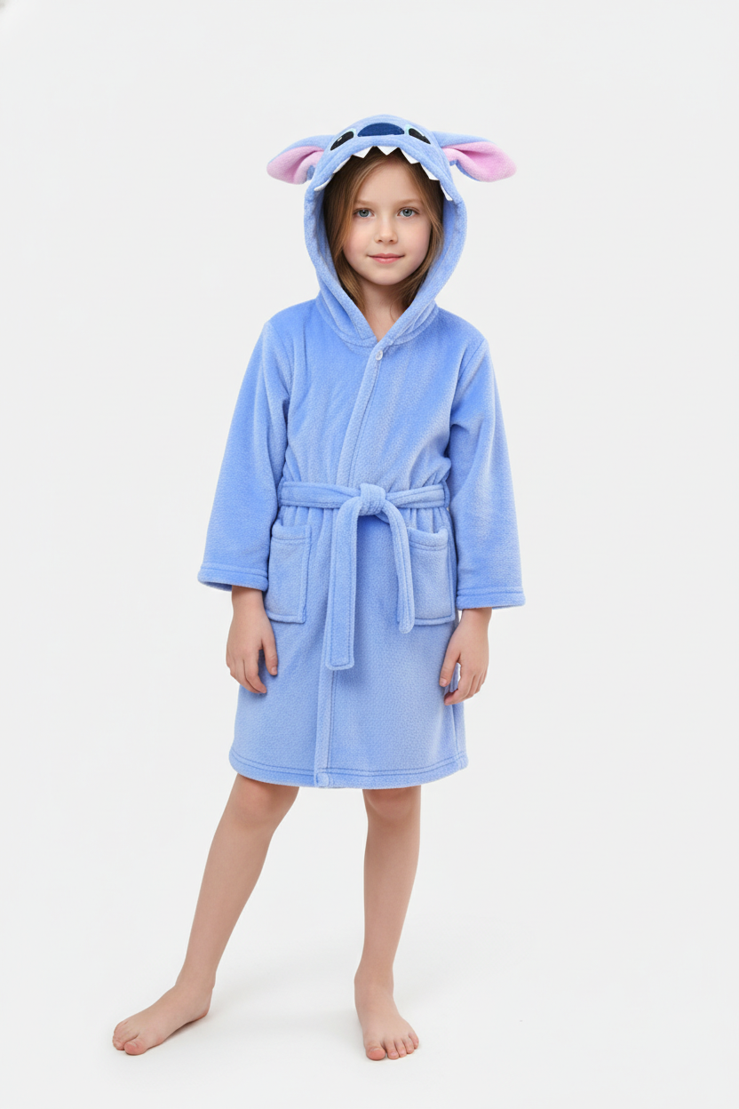 Robe de chambre Stitch enfant bleu clair en plush avec capuche