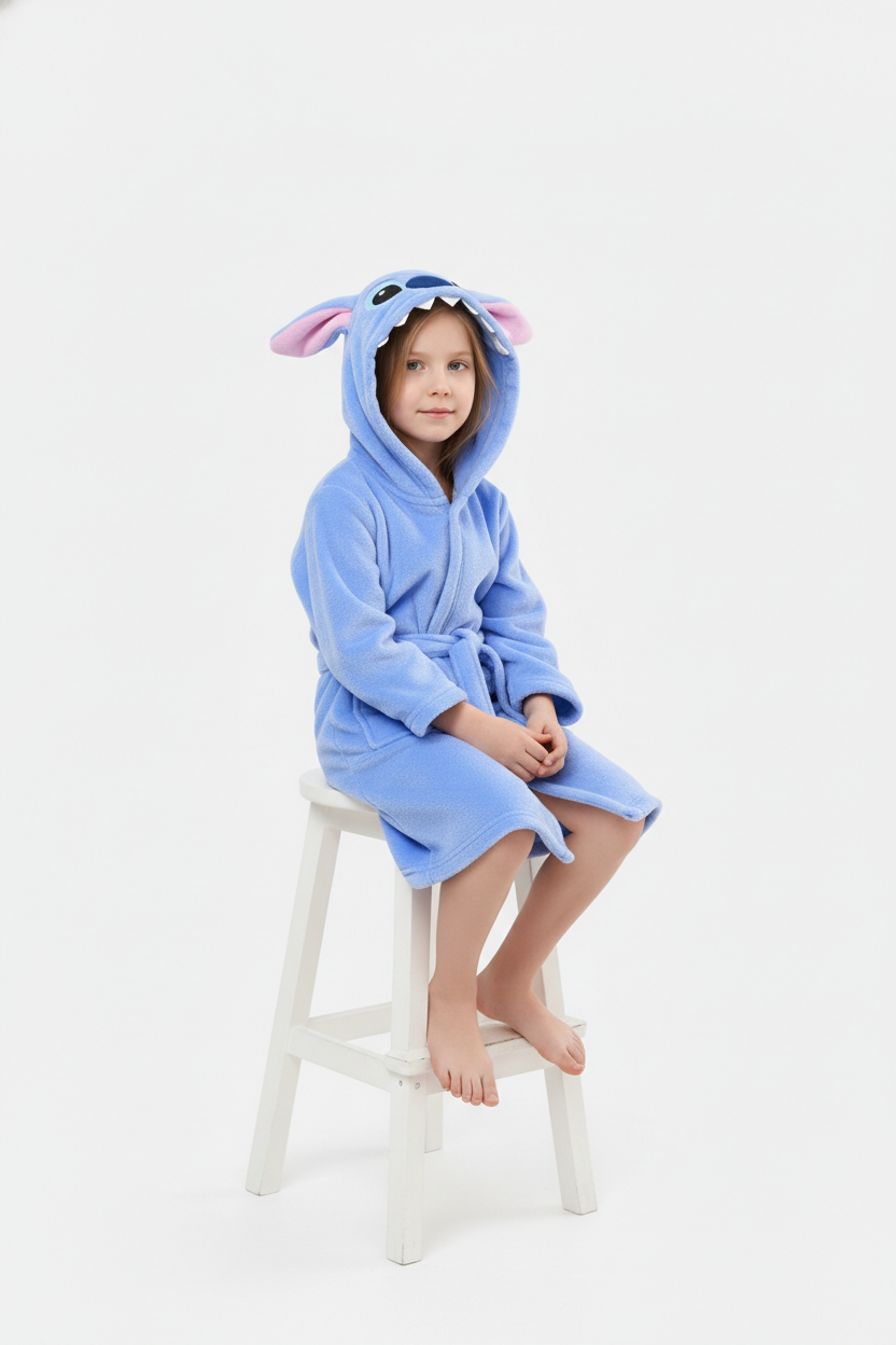Robe de chambre Stitch enfant bleu clair peluche avec capuche yeux cousus
