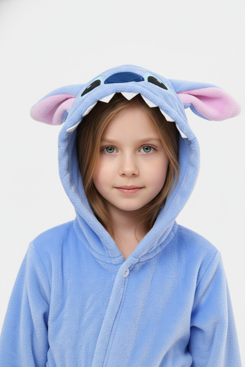 Robe de chambre Stitch enfant en plush bleu clair avec oreilles roses et dents blanches