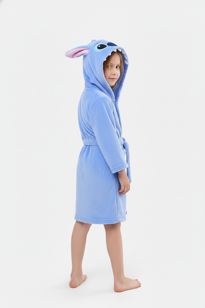 Peignoir Stitch enfant bleu clair peluche capuche oreilles roses