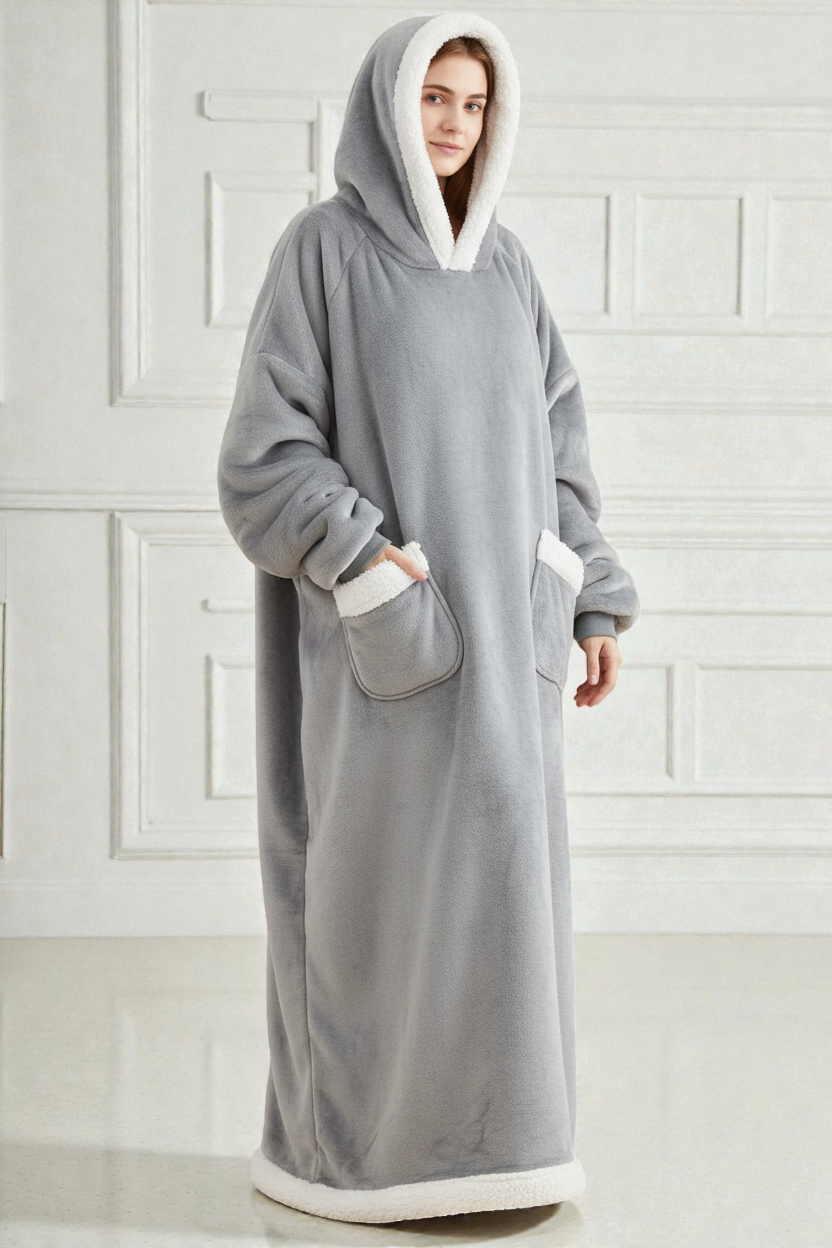 Robe de chambre très chaude femme en gris peluche avec capuche et poignets doublés polaire blanc