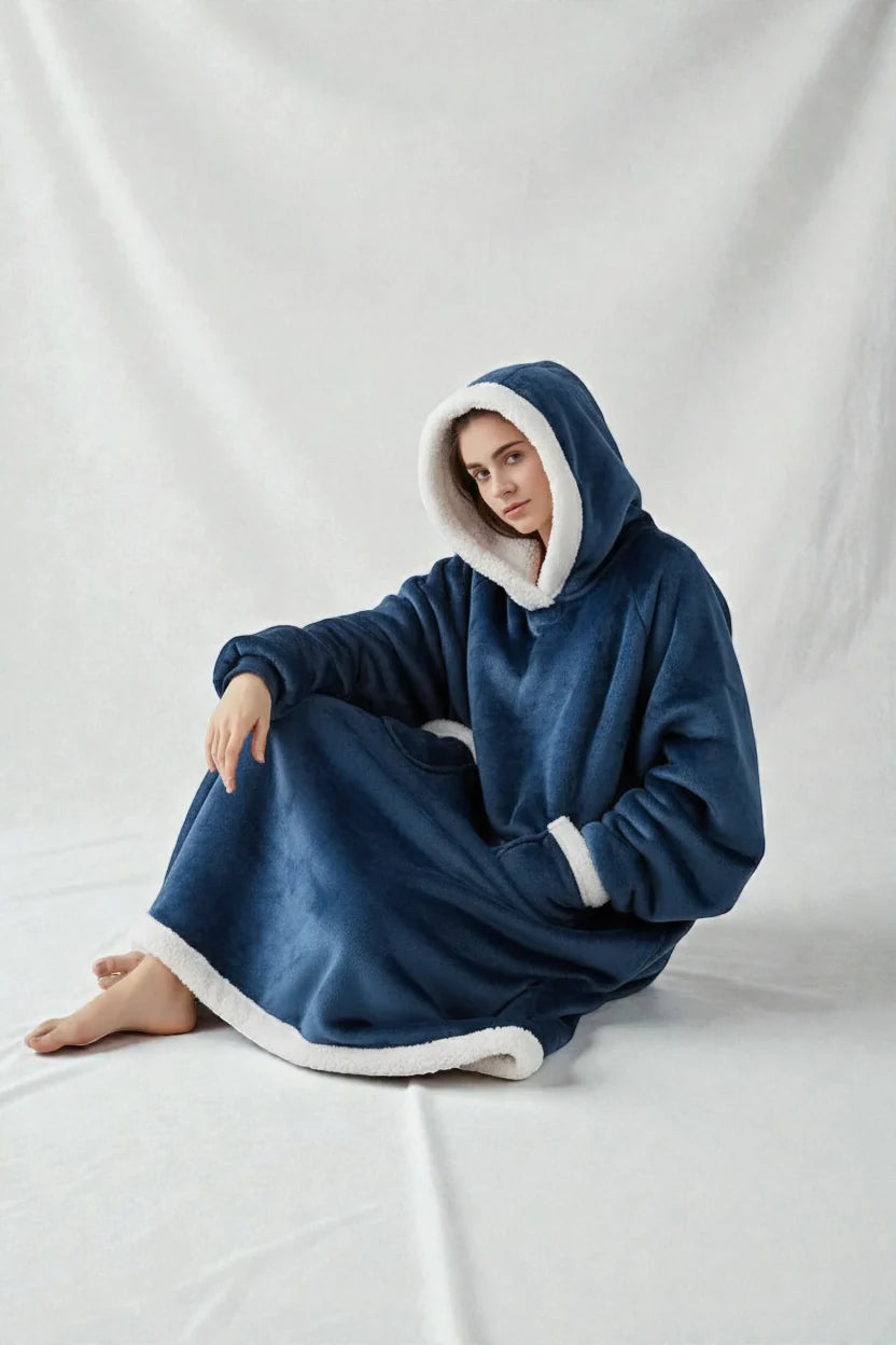 Robe de chambre très chaude femme en bleu marine doublée polaire blanche