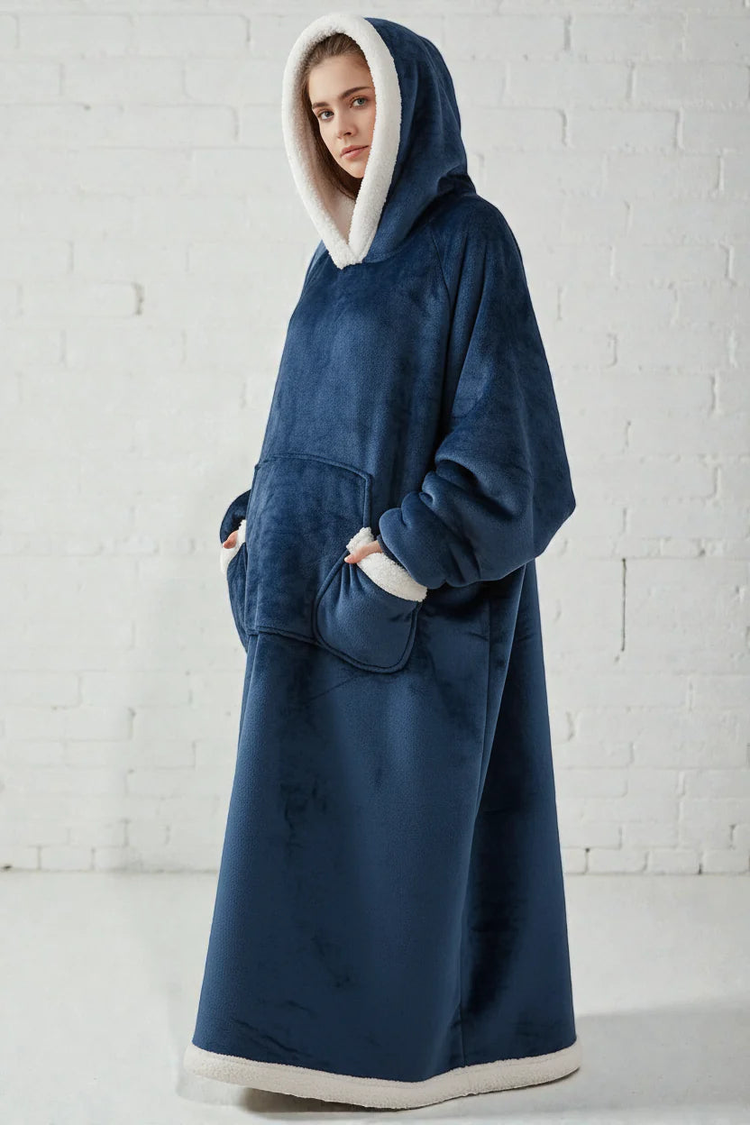 Robe de chambre très chaude femme bleu marine à capuche doublure sherpa