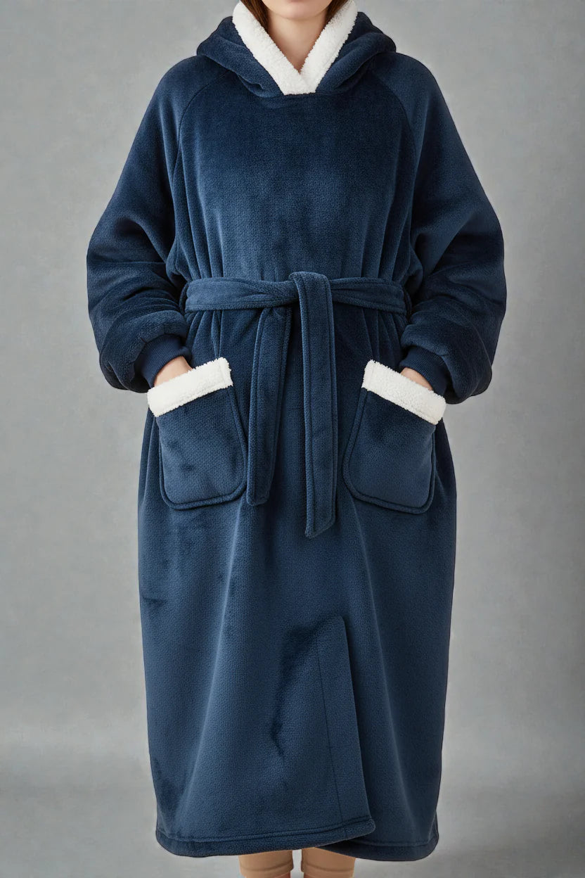 Robe de chambre très chaude femme bleu marine à liseré polaire blanc
