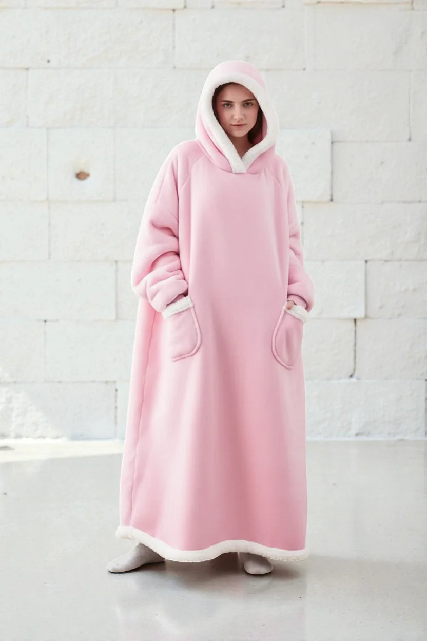 Robe de chambre très chaude femme rose doux à capuche polaire blanche