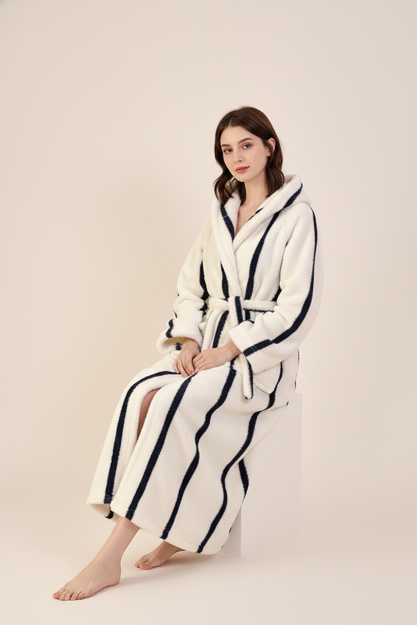 Robe de chambre zébrée femme en tissu blanc moelleux à rayures noires verticales, capuche et ceinture