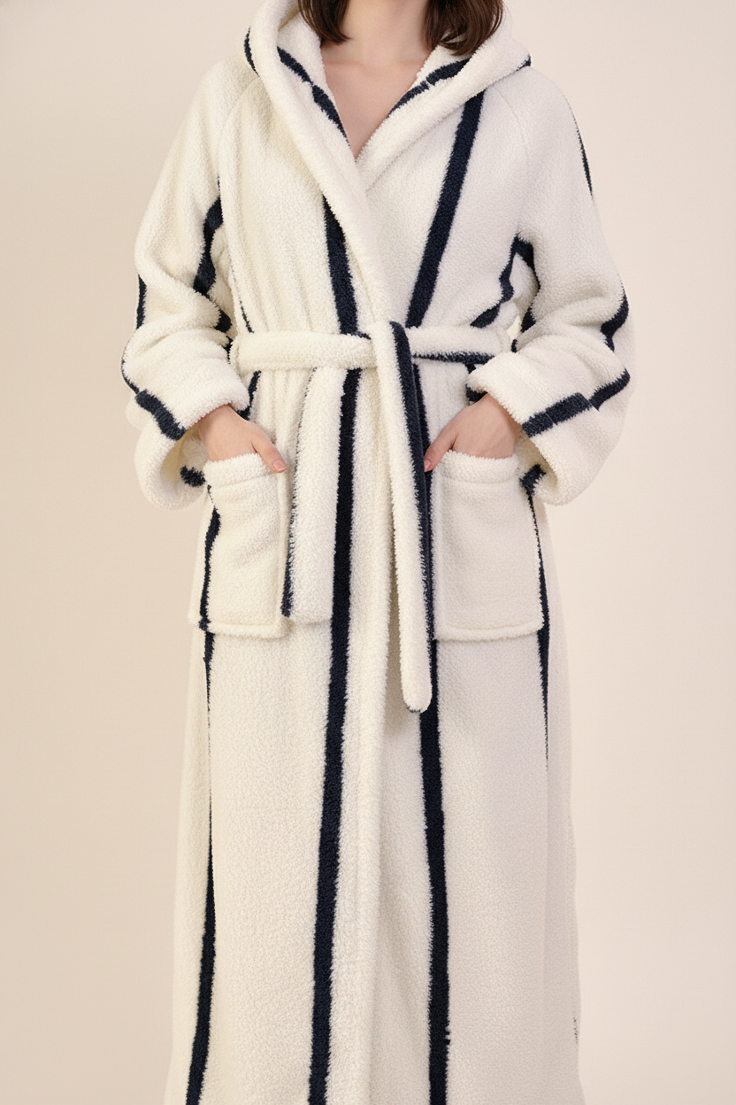 Robe de chambre crème à rayures bleues marines avec ceinture