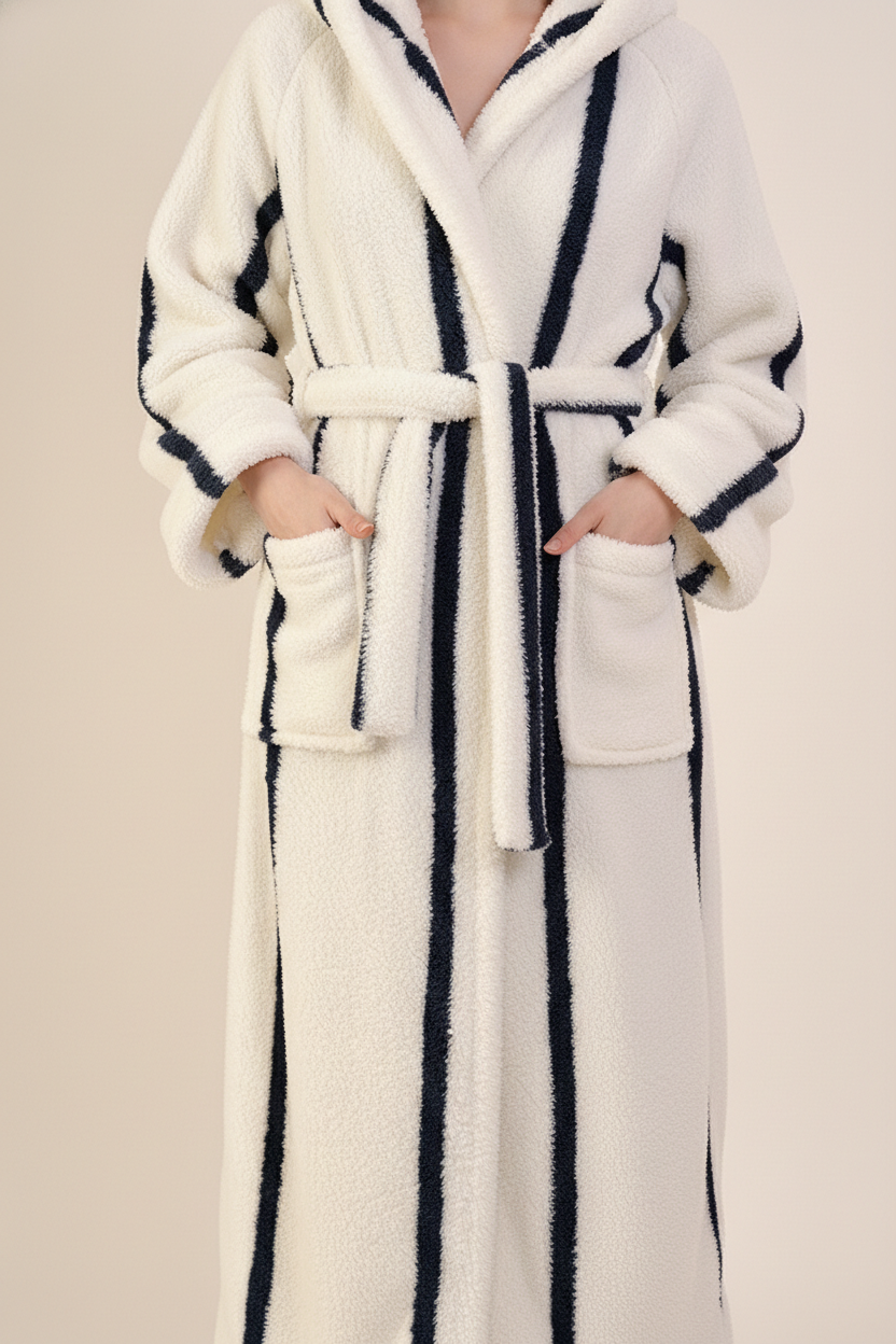 Robe de chambre zébrée femme en tissu blanc moelleux à rayures noires verticales